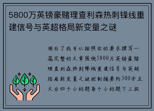 5800万英镑豪赌理查利森热刺锋线重建信号与英超格局新变量之谜