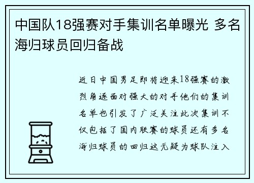 中国队18强赛对手集训名单曝光 多名海归球员回归备战 中国队18强赛对手集训名单曝光 多名海归球员回归备战