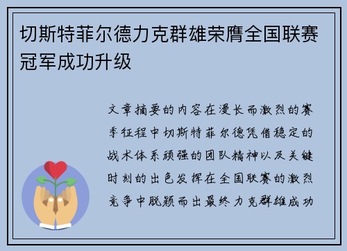 切斯特菲尔德力克群雄荣膺全国联赛冠军成功升级 切斯特菲尔德力克群雄荣膺全国联赛冠军成功升级