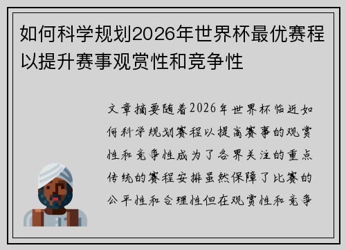 如何科学规划2026年世界杯最优赛程以提升赛事观赏性和竞争性 如何科学规划2026年世界杯最优赛程以提升赛事观赏性和竞争性